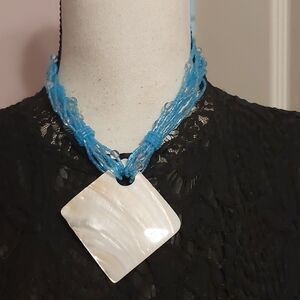 Multistrand Blue Seed Bead Choker Necklace with Large Iridescent Shell Pendant